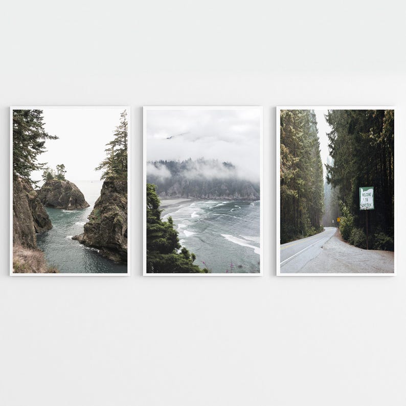 May include: Set of three framed landscape prints. The first print shows a rocky coastline with turquoise water. The second print depicts a misty coastal scene. The third print features a road winding through a forest with a sign.