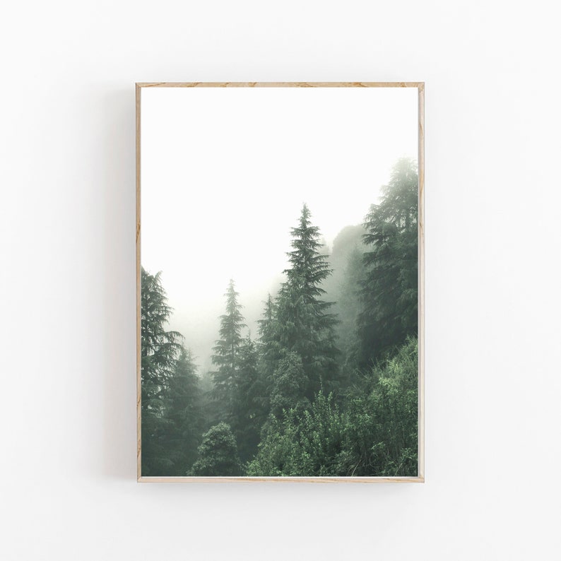 Bos print, bos kunst aan de muur, natuur kunst aan de muur, nordic print, mistig bos afdrukbaar, Scandinavische wand decor, moderne minimalistische poster afbeelding 1