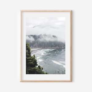 May include: A framed print of a coastal landscape. The image features a beach with waves, a forested cliff, and a cloudy sky. The frame is a light wood color, and the overall aesthetic is muted and natural.