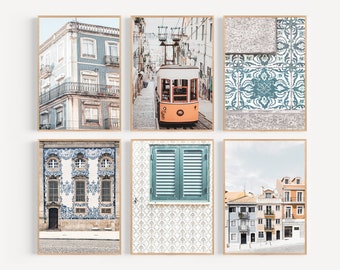 Impresiones de arte de Portugal, impresión de Lisboa, decoración de arte de azulejos portugueses, conjunto de 6 de Portugal, arte de la pared de Portugal, cartel de viaje europeo, cartel de Lisboa