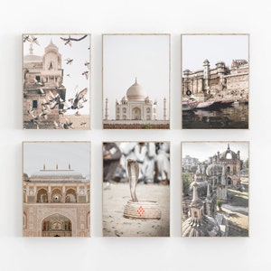 India Print Set of 6, India Wall Art, India Art Set of 6,Taj Mahal Print,Travel Art Print, Neutral Pastel Wall Art, India River Ganges Print