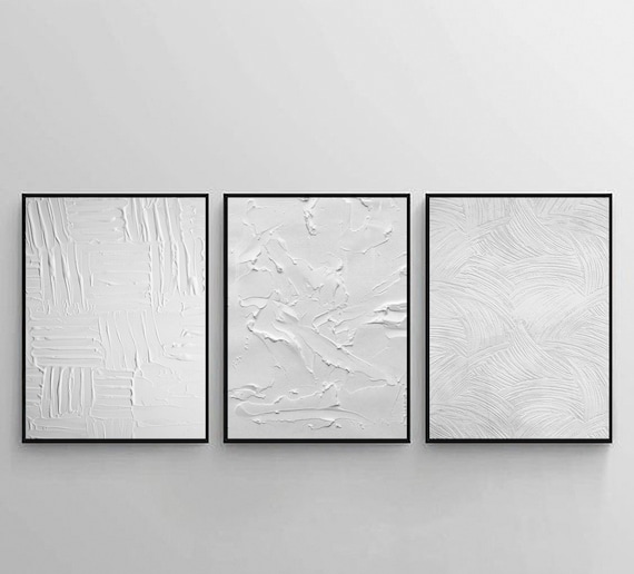 Abstract Painting Set of 3, White Textured Wall Art, Textured Art