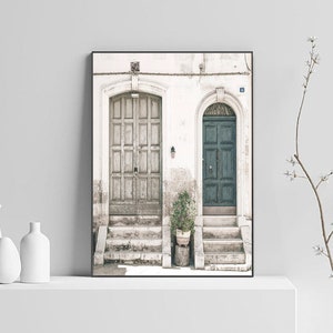 May include: A framed photograph of two doors, one painted a light brown and the other a dark green, with steps leading up to them. The doors are set against a white wall with a potted plant in front of the green door.