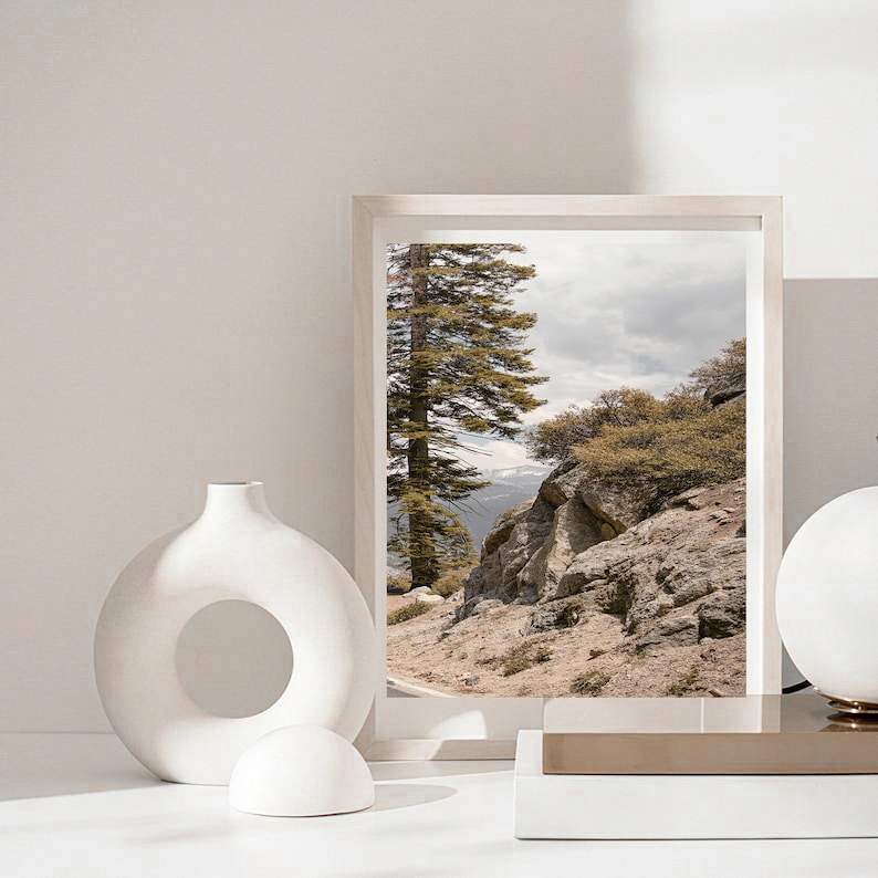 May include: A framed landscape photograph featuring a mountain scene with a tall evergreen tree and rocky terrain. The photograph is in a white frame and is displayed with a white vase and a small white sphere.