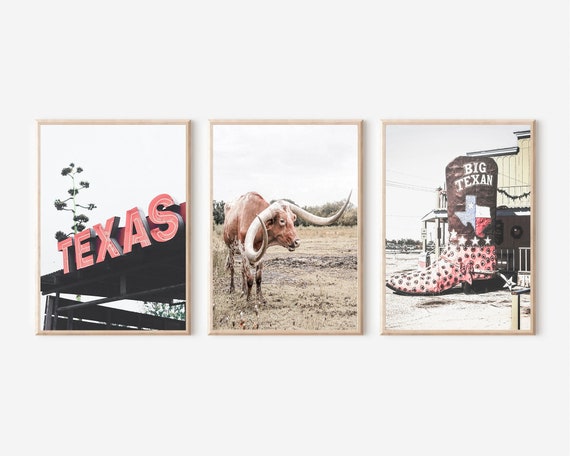 Texas Longhorn Cow Print, Southwestern Travel Art Set of 3 (Digital Download)