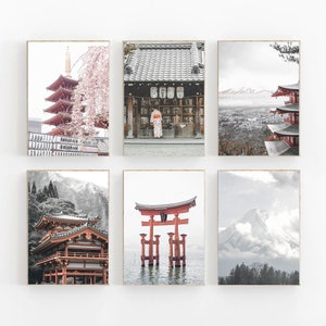 Japan print set van 6, Japan tempel print, reizen Art Print, moderne minimalistische poster, Japan kunst aan de muur, Mount Fuji print, Tokyo, Azië wanddecoratie