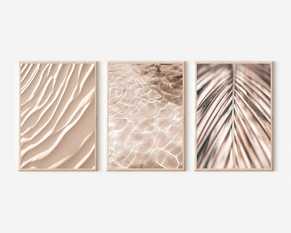 Beige Wall Art Set of 3, Boho Wall Art Decor, Pastel Printable Art, Beige Aesthetic Collage, Palm Print, Pastel Beach Print, Sand Desert Art