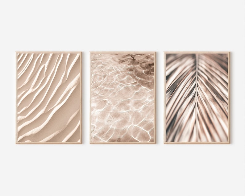 Beige Wall Art Set of 3, Boho Wall Art Decor, Pastel Printable Art, Beige Aesthetic Collage, Palm Print, Pastel Beach Print, Sand Desert Art image 1