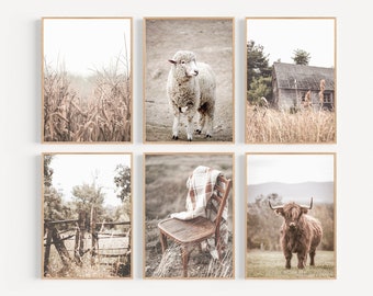 Farmhouse Print Set of 6, Rustic Wall Decor, Highland Cow Print, Nature Wall Decor, Farmhouse Landscape, Wheat Field Print, Set of 6 Prints