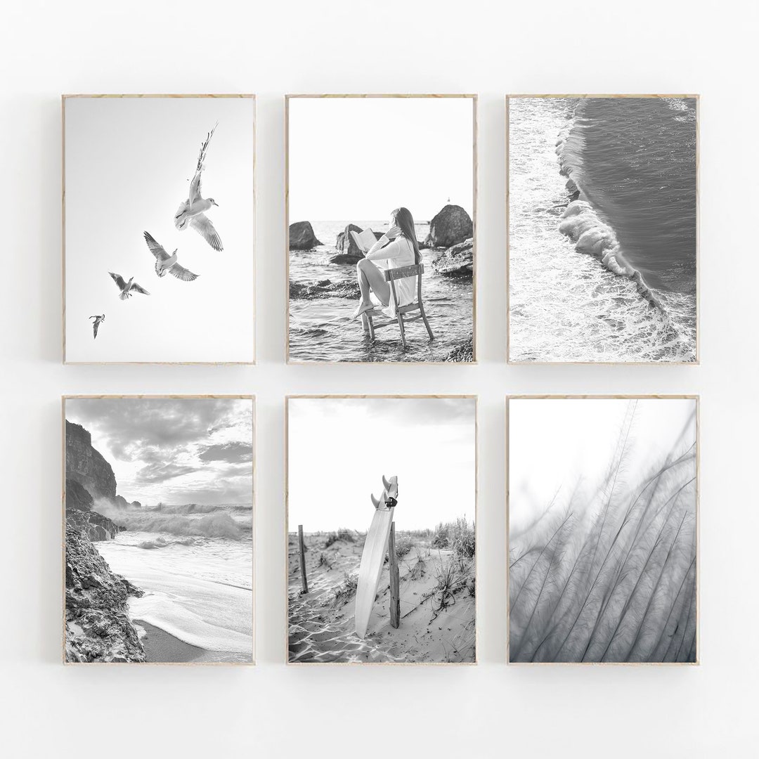 Black and White Beach Prints Set of 6, Coastal Prints, Beach Wall Art ...