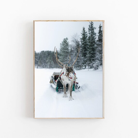 Reindeer Print Winter Wall Art Scandinavian Art Snowy Forest Print Christmas Printable Art Christmas Santas Sleigh Art Winter Deer Print