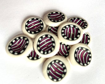 6 x Striped Buttons | Multi Colour Buttons | Pink Buttons | Boho Buttons | Handmade Buttons |  Patterned Buttons | White Buttons | Geometric