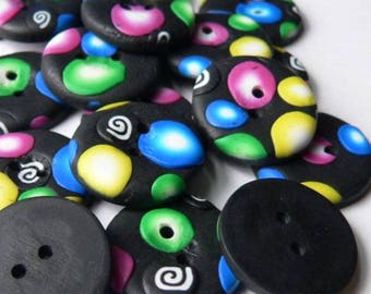 Black Planet Buttons x 6 - handmade in polymer clay