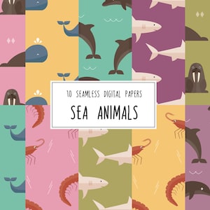 May include: Ten digital paper designs featuring various sea animals, including a walrus, whale, dolphin, shark, shrimp, and a seahorse. The designs are in a flat style and feature bright colours.
