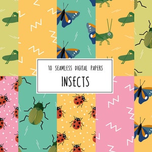 May include: Ten digital paper designs featuring various insects, including ladybugs, butterflies, and grasshoppers. The papers are in a variety of colors, including pink, yellow, green, and blue. The text "10 Seamless Digital Papers Insects" is displayed in the center of the image.