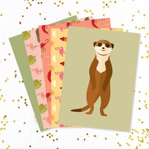 5er Set Postkarten A6, Tierpostkarte, Erdmännchen, Flamingo, Nilpferd, Garnele, Kids, Kinder