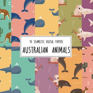 10 animali australiani carte digitali, modello senza soluzione di continuità, sfondo, carta per scrapbooking, squalo, balena, canguro, koala, delfino