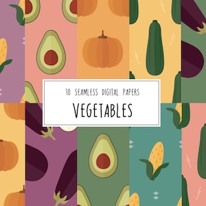 Op de afbeelding: Tien naadloze digitale papieren met groentepatronen. Ontwerpen omvatten pompoenen, avocado's, courgettes, maïs en aubergines. Het woord "VEGETABLES" wordt weergegeven in een witte rechthoek.