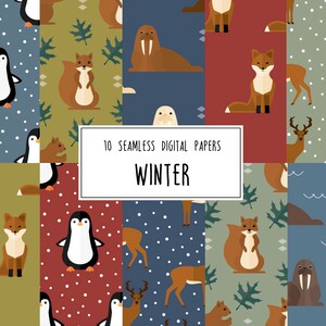 May include: A set of 10 digital paper patterns featuring winter animals and nature elements. The patterns include penguins, walruses, deer, foxes, squirrels, and snowflakes. The patterns are in a variety of colours, including blue, green, red, and brown.