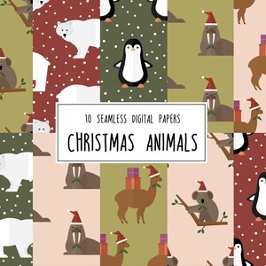 May include: 10 seamless digital papers featuring Christmas animals. The patterns include penguins, polar bears, walruses, koalas, llamas, and reindeer wearing Santa hats. The backgrounds are red, green, and white with polka dots.