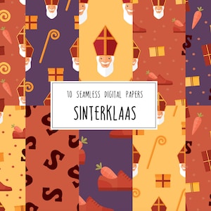 10 documentos digitales de Sinterklaas, patrón sin costuras, fondo, papel de álbum de recortes, vacaciones, 5 de diciembre, Países Bajos, carta de chocolate, pepernoot