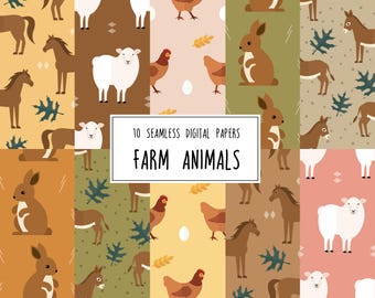Farm Animals Digital Paper: Seamless Patterns (Digital Download)