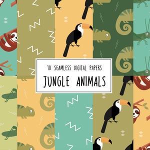 Op de afbeelding: Tien digitale papieren met illustraties van jungledieren. De patronen omvatten luiaards, toekans, kameleons en sprinkhanen in de kleuren groen, geel en blauw. De tekst "10 Seamless Digital Papers Jungle Animals" staat in het midden van de afbeelding.