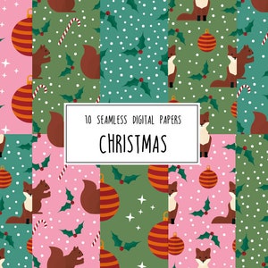 May include: Ten digital paper designs featuring a Christmas theme. The patterns include red and white striped ornaments, holly, candy canes, squirrels, and foxes on a green, pink, or white background.