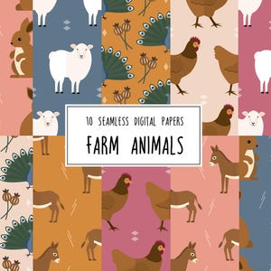 10 farm animals digital papers, seamless pattern, background, scrapbook paper, rabbit, sheep, peacock, chicken, donkey