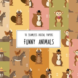 May include: Digital paper set with repeating patterns of cartoon animals. The designs include a donkey with a chicken, a beaver, a squirrel with a cane, a monkey with ice cream, and a walrus wearing a hat. Text reads "FUNNY ANIMALS".