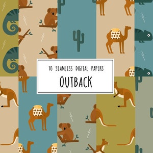 10 Outback Tiere digitale Papiere, nahtloses Muster, Hintergrund, Scrapbook Papier, Chamäleon, Koala, Kaktus, Kamel, Känguru