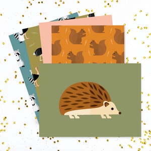 5er Set Postkarten A6, Tierpostkarte, Igel, Eichhörnchen, Fuchs, Strauß, Waschbär, Herbst, Kids, Kinder