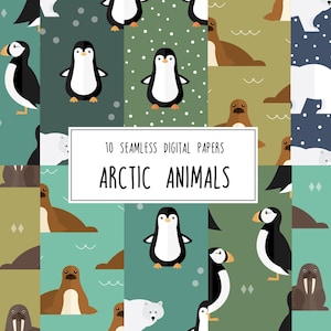10 papiers numériques animaux de l'Arctique, motif transparent, arrière-plan, papier de scrapbooking, macareux, pingouin, morse, phoque, ours polaire