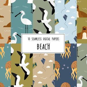 May include: 10 seamless digital papers with a beach theme. The patterns feature seagulls, jellyfish, seals, and shorebirds in a variety of colours on a blue, green, and brown background.