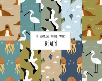 10 beach digital papers, seamless pattern, background, scrapbook paper, seal, spoonbill, seagull, kite, jellyfish