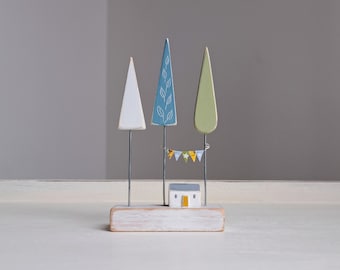 Handmade Wooden Tree & House Ornament: New Home Gift