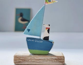 Handmade Wooden Dog Sailing Boat: Coastal Greyhound Decor