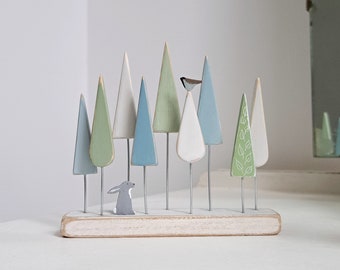 Blue and Green Wooden Trees with Hare and Bird