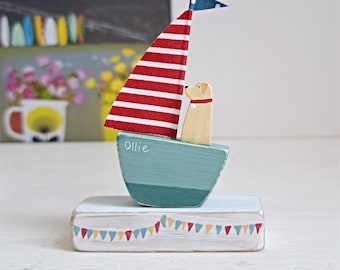 Personalised Dog Ornament, Handmade Nautical Boat Decoration, Miniature Coastal Gift