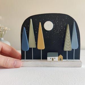 Handmade Woodland Scene with Trees and Cottage, Wooden Shelf Decor, Scandinavian Home Decor