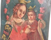 18th Century Antique Retablo, Antique Tin Retablo, Madonna and Child Art, Catholic Art, Antique Religious Painting