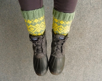 HandKnit Ankle Warmers/Boot Cuffs: Green/Yellow Spring Design KnitWear