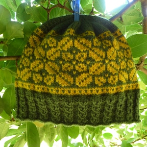 May include: A knitted hat with a green and yellow pattern. The hat has a wide brim and is made of a soft, warm yarn.