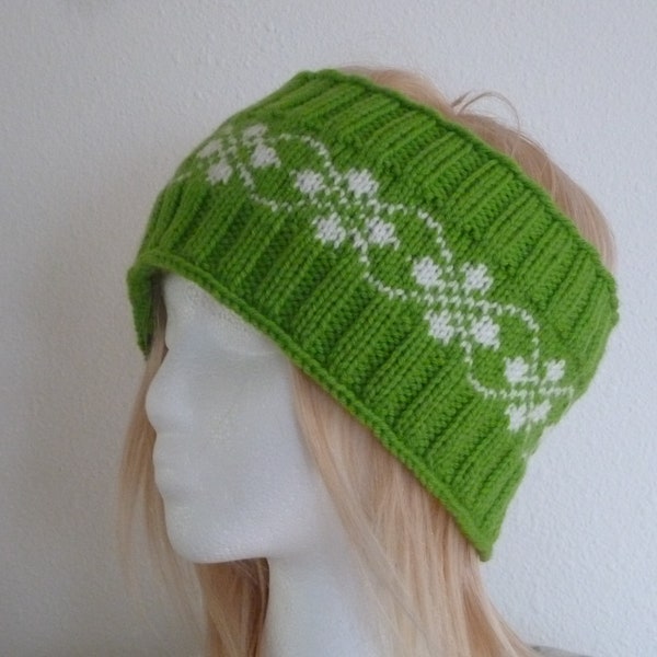Handknit headband for women,adult size bright green/white knit floral design headband,spring accessories,headwear for ladies,soft earmuffs