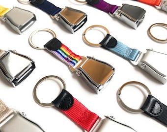 May include: A collection of colorful keychains with silver metal belt buckle style clasps. The keychains feature a variety of colors including red, blue, purple, yellow, rainbow, and light blue.