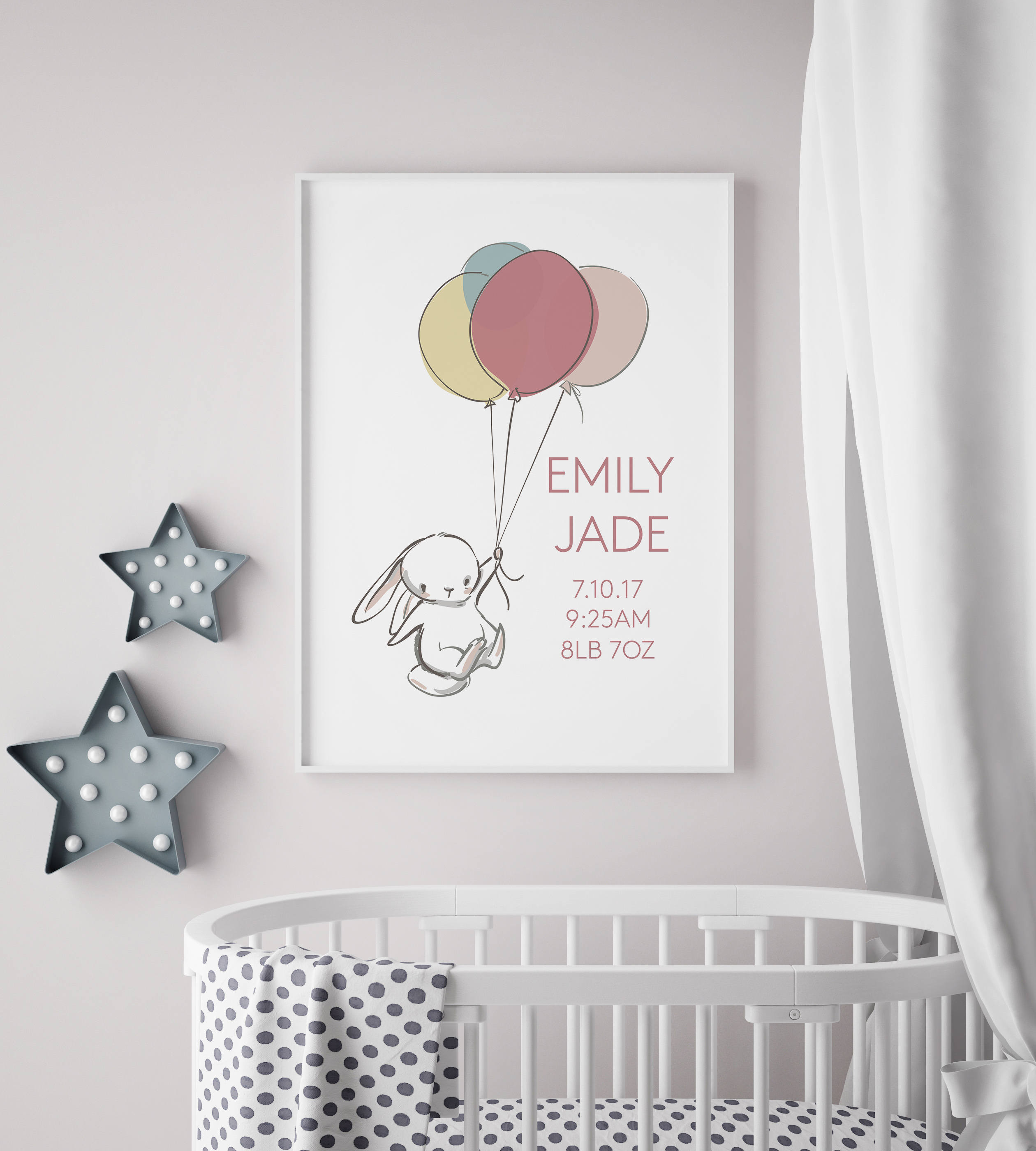 Baby Gift Personalised A4 Baby Print Nursery Bunny Birth Details Wall Art