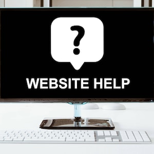 Könnte beinhalten: Ein Computermonitor mit einem schwarzen Bildschirm, auf dem ein weißes Fragezeichen in einer Sprechblase und der Text "WEBSITE HELP" angezeigt werden.