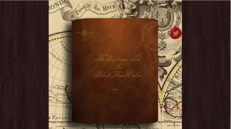 May include: A brown leather-bound book with the title "The Explorer's Guide to Black Desert Online" embossed in gold lettering.