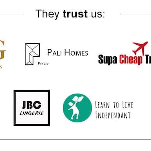 May include: A white background with the text "They trust us:" in black.  Below the text are logos for various companies, including MG Paris, Pali Homes, Supa Cheap Travel, JBC Lingerie, and Learn to Live Independant.