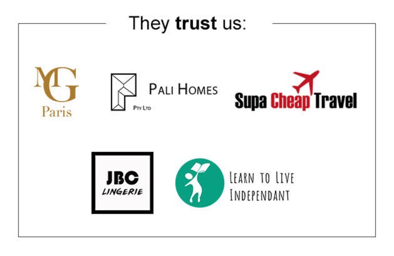 May include: A white background with the text "They trust us:" in black.  Below the text are logos for various companies, including MG Paris, Pali Homes, Supa Cheap Travel, JBC Lingerie, and Learn to Live Independant.